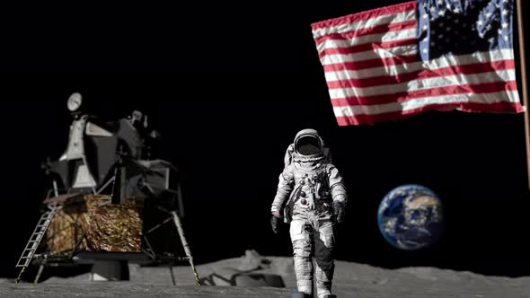 Astronaut Walking On The Moon And Saluting The American Flag