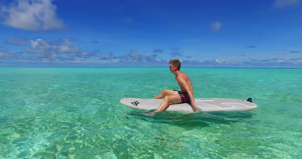 Fun lady and man on romantic honeymoon live the dream on beach on paradise white sand background 4K