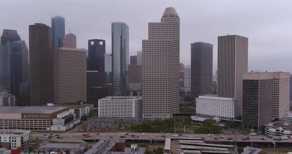 Aerial view of Houston cityscape on a rainy and gloomy day.