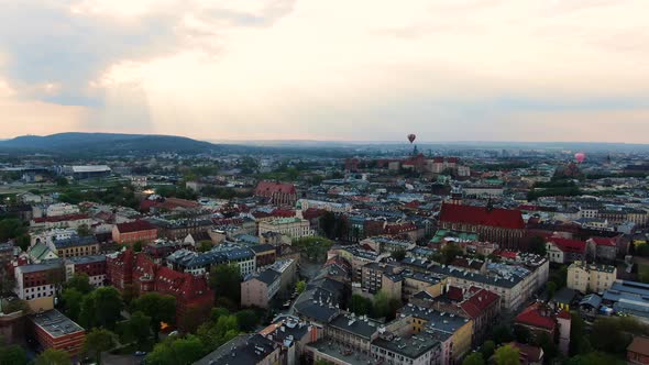 Hot air balloons flying over Cracow, Krakow, Poland, Polska (drone footage)