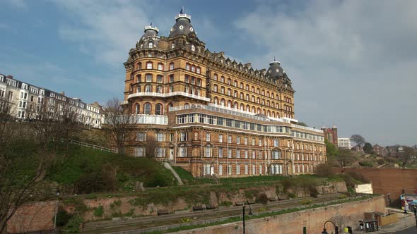 Aerial parallax shot of Scarborough is a Victorian seaside resort in Northern England. The grand hot