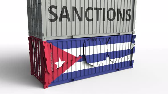 Container with SANCTIONS Text Breaks Container with Flag of Cuba alt
