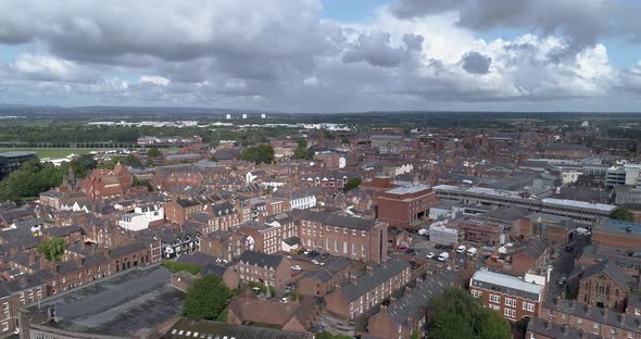 Left to right aerial shot above Chester city