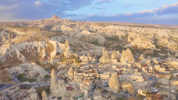 Goreme Town on sunrise view from drone in Cappadocia Region Of Turkey