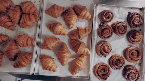 Fresh Delicious Baked Goods Croissants and French Buns on Baking Trays in Bakery