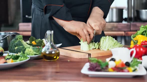 Chief Cook Arm Cutting Raw Lettuce Leaf