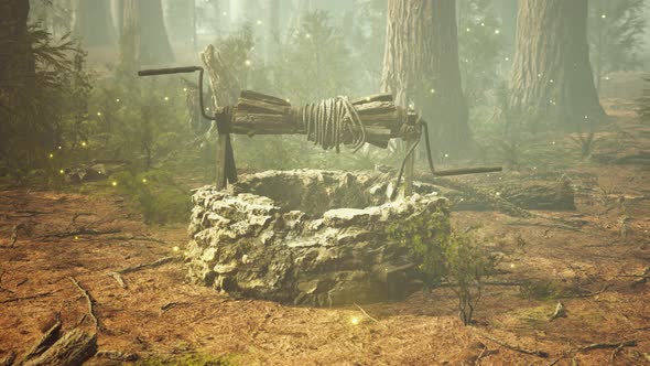 Old Stone Draw Well in the Forest with Fog