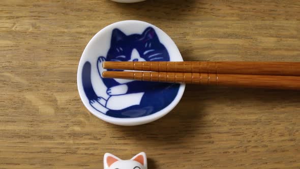 Variation of Japanese chopstick rests and chopsticks in a row  