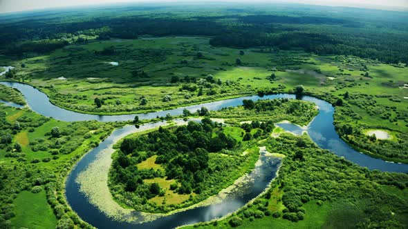 Aerial View Of Summer River Landscape With Islands In Sunny Summer Day. Top View Of Beautiful