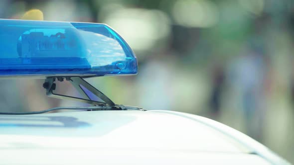 Flashing Flasher on the Roof of a Police Car. Blinker. Close-up.