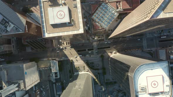 Scenic View of Downtown Los Angeles Skyscrapers From Above Looking Down in Aerial Drone Birds Eye