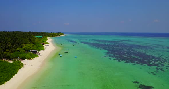 Wide angle fly over abstract view of a summer white paradise sand beach and blue sea background in v