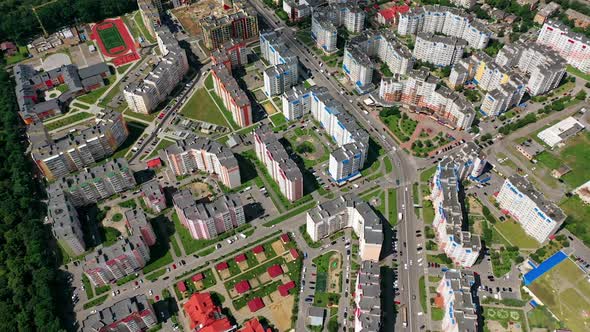 Urban area with city blocks. Top down view of buildings and apartment blocks