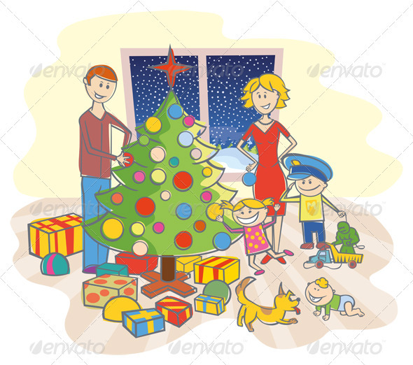 Happy Family Dressing Up The Christmas Tree