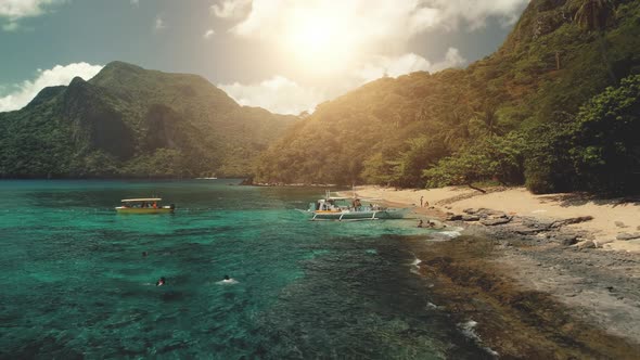 Sun Over Mountain Ranges Green Tropic Forest at Ocean Bay