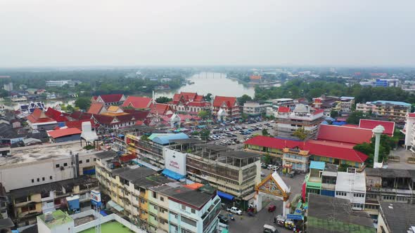 Aerial view of Rom Hoop market.  Mae Klong Market in Samut Songkhram Province, Thailand.