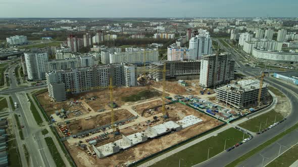 Large construction site. Construction of modern multi-storey residential buildings.