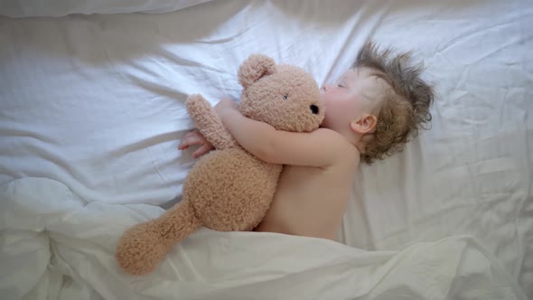 Sleeping Baby Happy and Carefree in Bed Hugging a Teddy Bear Toy