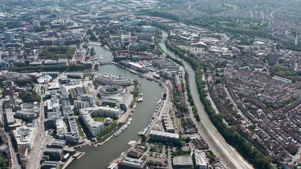 Dolly forward drone shot over Bristol Harbour sunny day