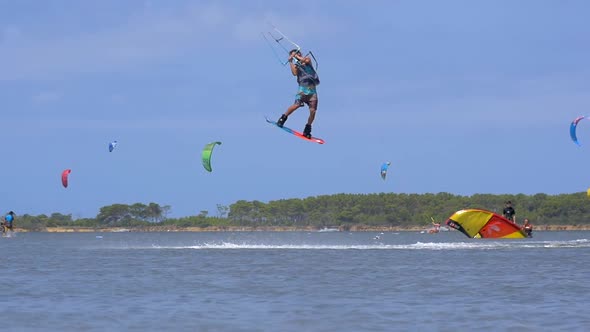 A man kiteboarding on a kite board.