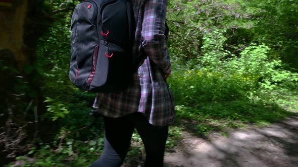 Woman walking in the spring green forest