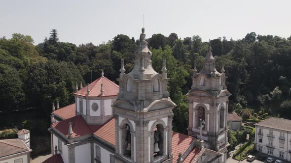 Orbital close up church bell tower in Sanctuary of Bom Jesus do Monte