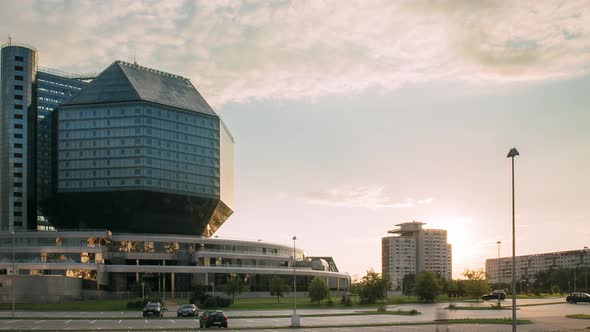 Minsk, Belarus. National Library Building In Summer Evening Sunset Time, Famous