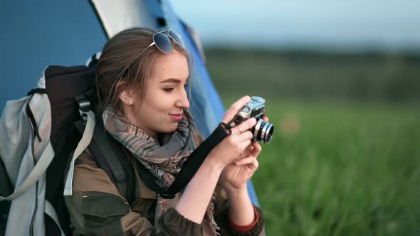 Backpacker Tourist Woman Making Photo Use Camera Admiring Nature