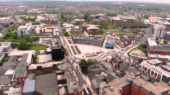 Aerial view of University of Central Lancashire and Adelphi in Preston on a cloudy day