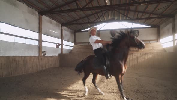 Сowboy on a Horse in the Hangar Man in the Cowboy Hat Riding a Horse in a Covered Hangar Horse