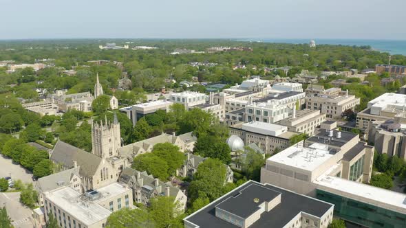 Northwestern University Campus as seen from above. Aerial Flight while kids are on summer vacation.