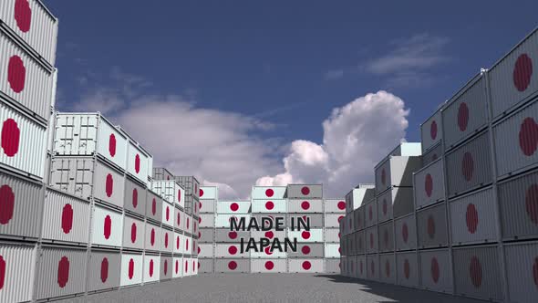 Cargo Containers with MADE IN JAPAN Text and National Flags alt