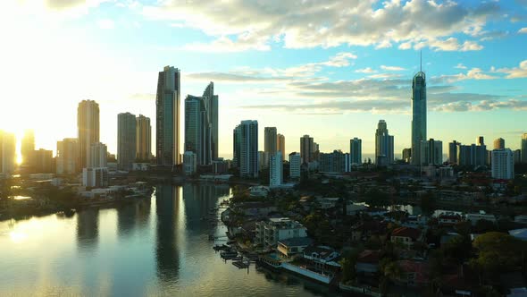 Descending over main canal , Golden sunrise,Surfers Paradise stunning winters morning