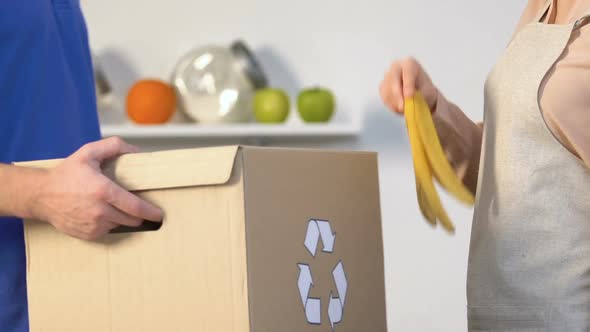 Housewife Throwing Banana Peel Into Box for Organic Garbage, Waste Recycling