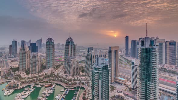 Aerial Top View of Sunrise in Dubai Marina Timelapse