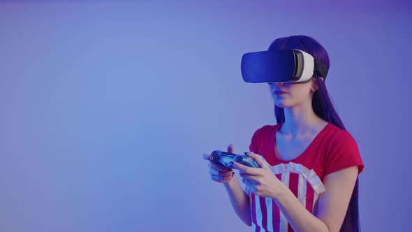 European Gamer Takes Her Chances at VR Games Using Gamepad Medium Studio Shot