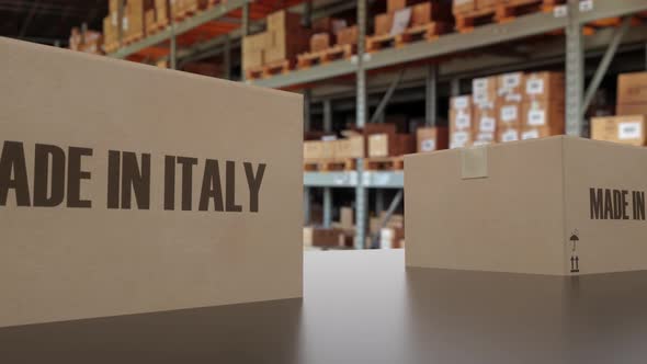 Boxes with MADE IN ITALY Text on Conveyor