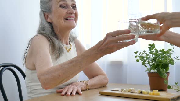 Female Portrait of Senior Mother Talking and Drinking Alcohol and Clinking Glasses at Home Sitting