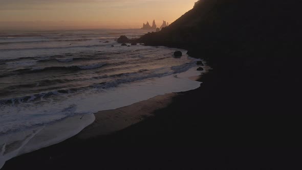 Drone Of Reynisdrangar Sea Stacks At Sunset