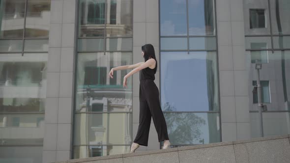 Wide Shot of Ballerina Standing on Tiptoes and Doing Classical Ballet Movements. Portrait of