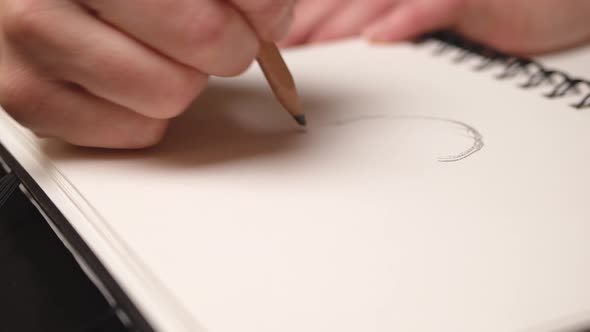 Woman Hand Drawing Apple with Pencil in Sketchbook, Close Up, Slider Movement