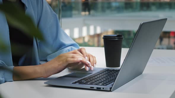 Unrecognizable Business Woman in Blue Shirt in Cafe in Office with Coffee Tea Typing Laptop Closeup