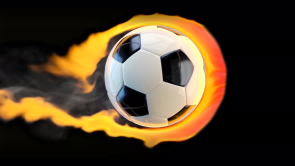 Flying soccer ball on fire on a black background