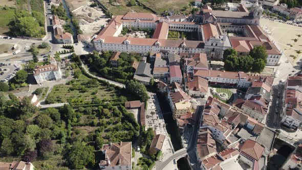 UNESCO world heritage site, monastery of Alcobaça at central Portugal, aerial pan view.