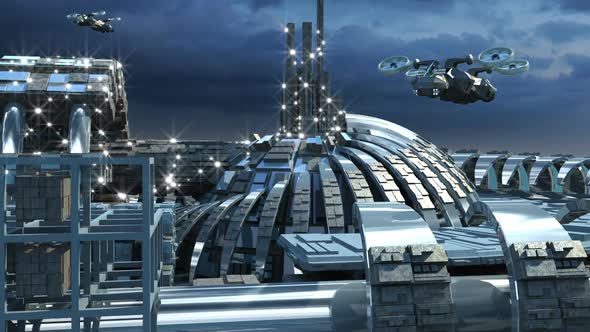 Futuristic City With Hovering Aircrafts 