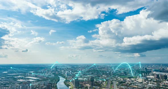 Aerial Time-lapse Cityscape in the Summer Daytime with Futuristic Elements of Telecommunications