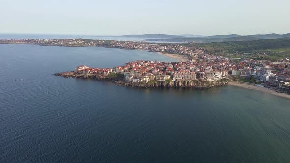 View From a Height of the City of Sozopol with Houses and Boats Near the Black Sea