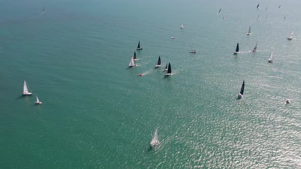 Aerial video of yacht race, a sailing regatta