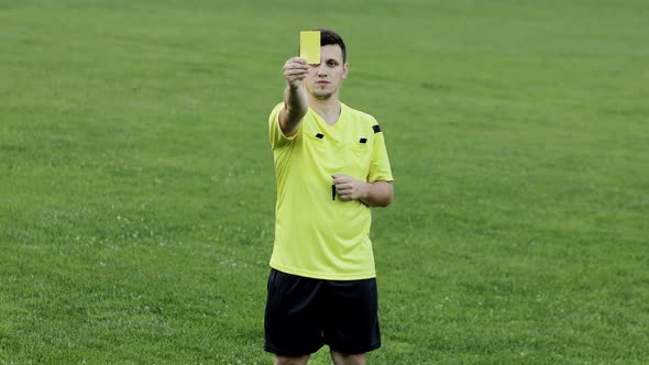 Soccer referee showing yellow and red card, removes the player