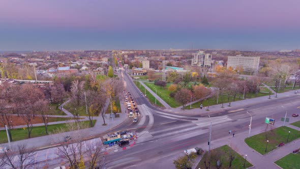 Road Intersection with Reconstructed Tram Tracks Aerial Panoramic Day to Night Timelapse